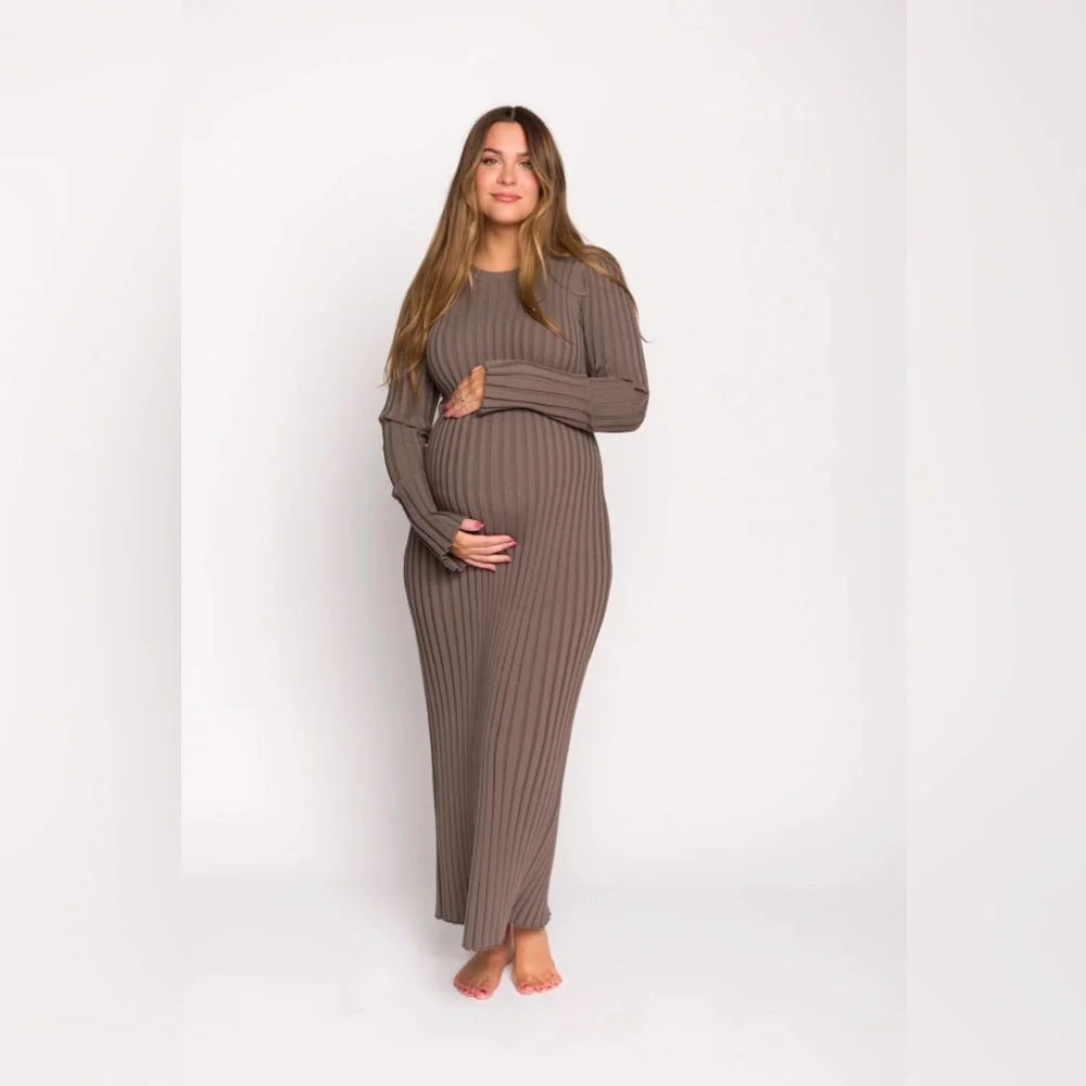 Ribbed Long Sleeve Maternity Maxi Dress - Taupe - Picture 1 of 8